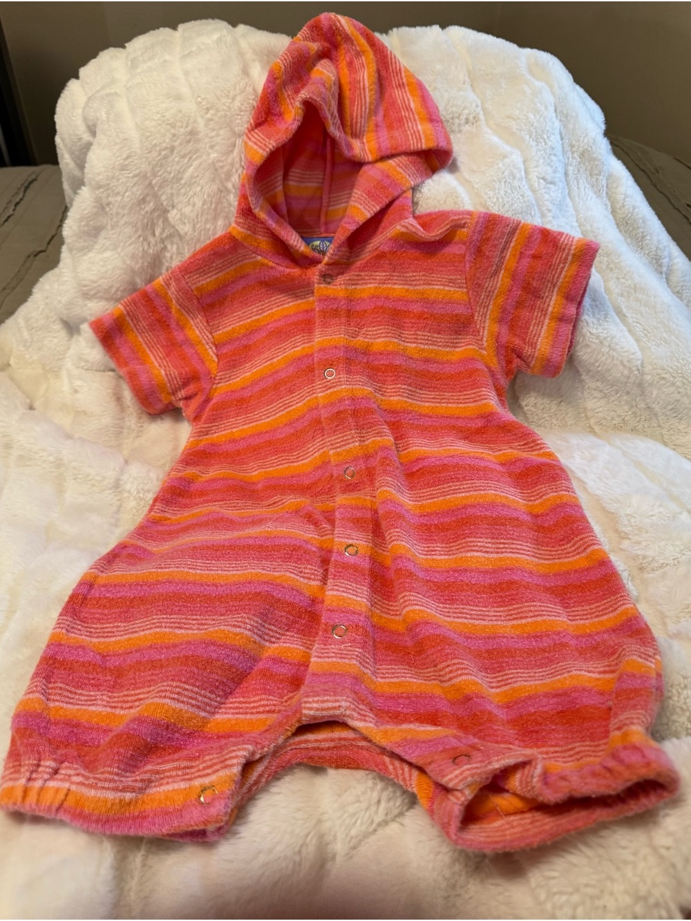Minibee Striped Hooded Terry Romper - Pink & Orange kids 18 mos